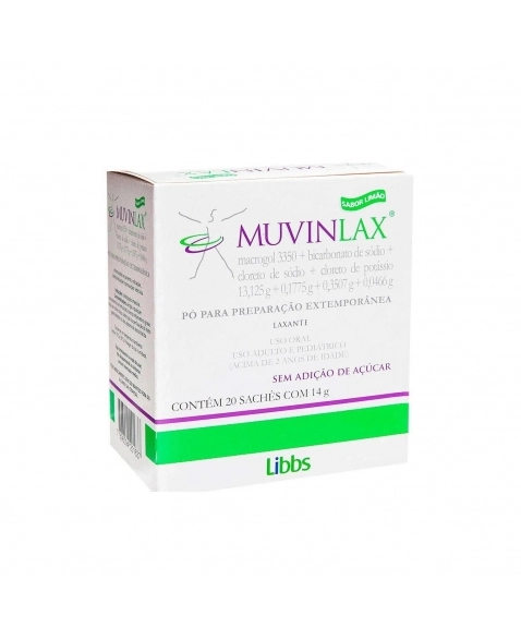 MUVINLAX 13,125G + 0,1775G + 0,0466G + 0,3507G, CAIXA COM 20 SACHÊS COM 14G DE PÓ PARA PREPARO EXTEMPORÂNEO DE USO ORAL