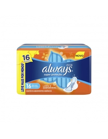 ABSORVENTE COM P&G ABAS SECA SUPER PROTEÇÃO ALWAYS PACOTE 16 UNIDADES LEVE MAIS PAGUE MENOS