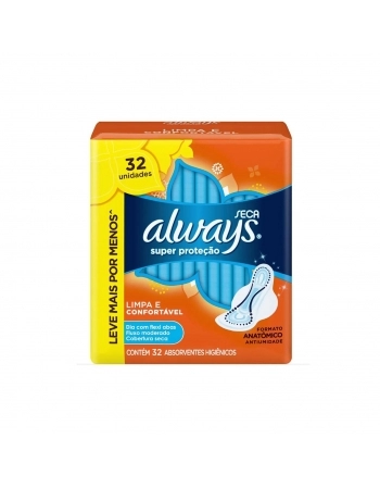 ABSORVENTE COM P& ABAS SECA SUPER PROTEÇÃO ALWAYS PACOTE 32 UNIDADES LEVE MAIS PAGUE MENOS