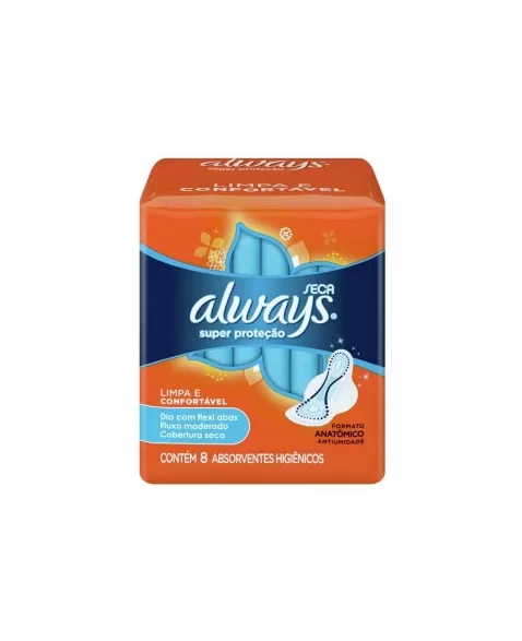 ABSORVENTE COM P&G ABAS SECA SUPER EXTERNO PROTEÇÃO ALWAYS PACOTE 8 UNIDADES