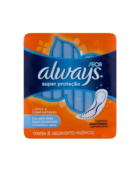 ABSORVENTE SEM P&G ABAS SECA SUPER PROTEÇÃO EXTERNO BÁSICO ALWAYS PACOTE 8 UNIDADES