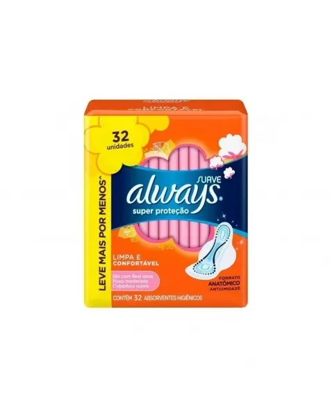 ABSORVENTE COM ABAS P&G SUAVE SUPER PROTEÇÃO ALWAYS PACOTE 32 UNIDADES LEVE MAIS PAGUE MENOS