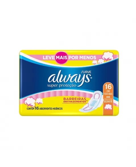 ABSORVENTE COM ABAS P&G SUAVE SUPER PROTEÇÃO ALWAYS PACOTE 16 UNIDADES LEVE MAIS PAGUE MENOS