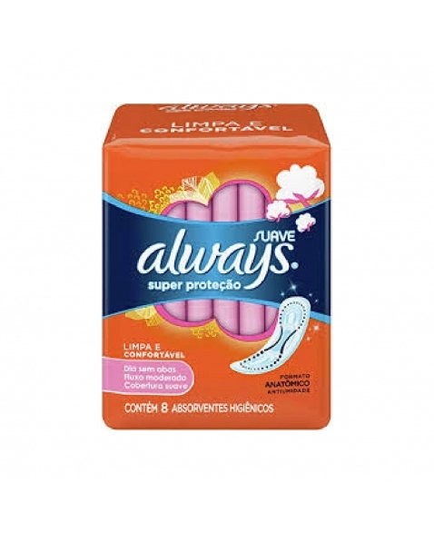 ABSORVENTE SEM ABAS P&G SUAVE SUPER PROTEÇÃO ALWAYS PACOTE 8 UNIDADES